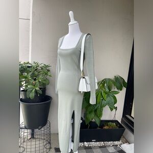 🌿 Open Edit Knit Fitted Square Neck Long Sleeve Midi Dress in Gray- Sage G…